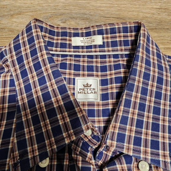 Peter Millar Button Down Shirt Men’s Large Long Sleeve Brown Navy Blue - Picture 3 of 6